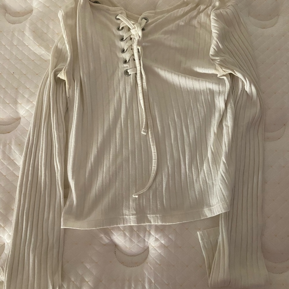Cream Lace-Up Ribbed Women's Top